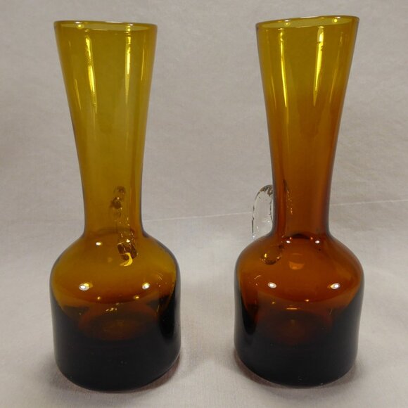 2 Vintage MCM Hand-Blown Amber Glass Miniature Pitchers Cruets Bud Vase Vases - Picture 4 of 8